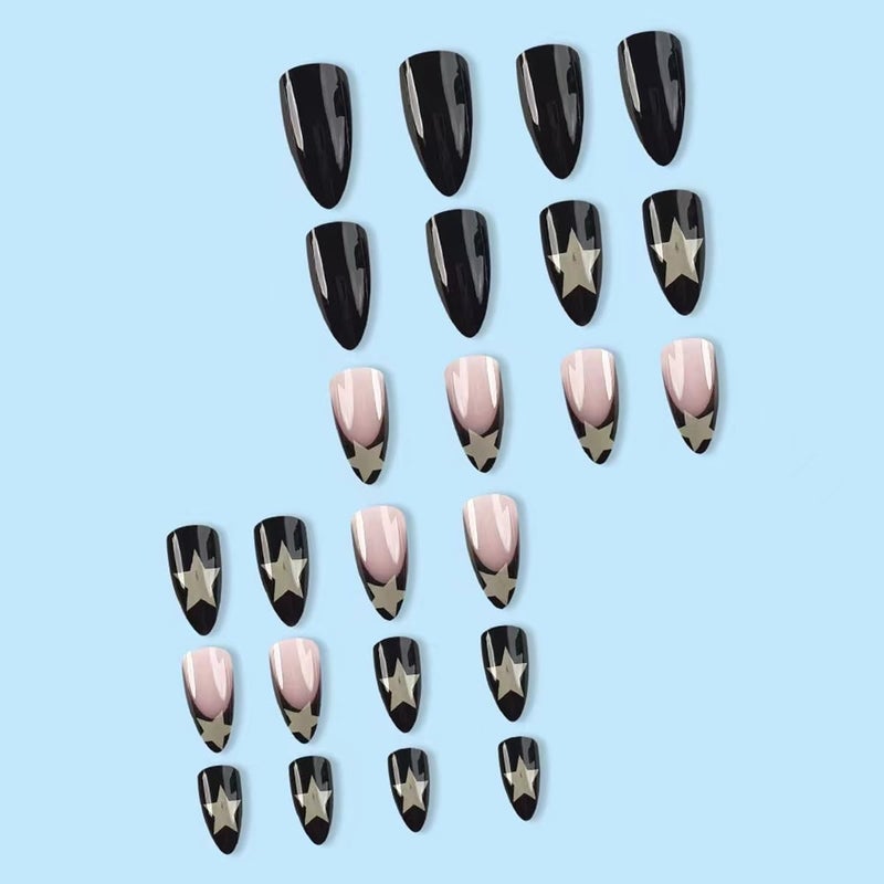 CTTHNBD Medium Almond Press on Nails Black Fake Nails White Star False Nails with French Tip Design for Women Manicure 24Pcs - Image 5